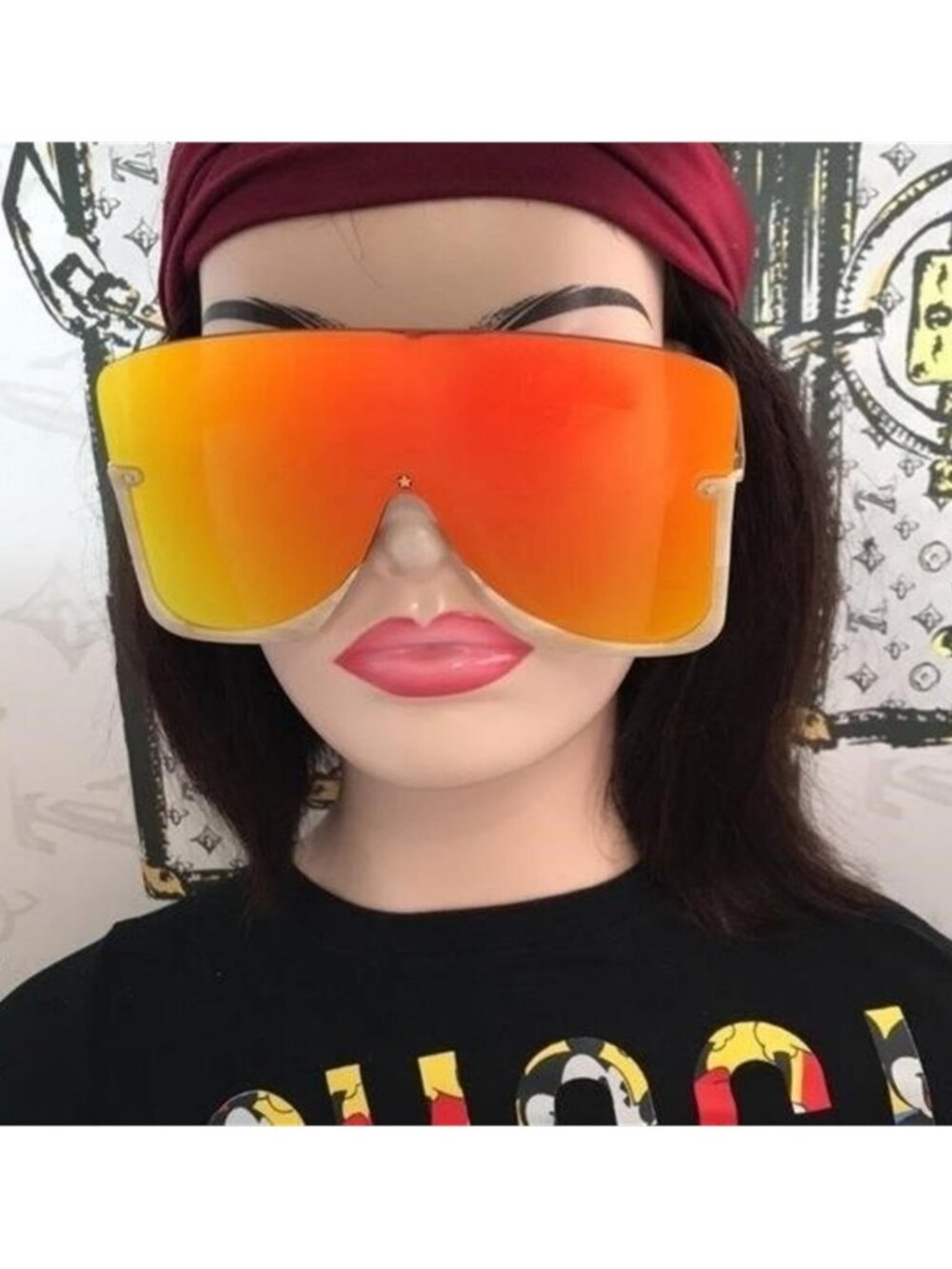 Gucci GG0540S 004 Beige Oversized Shield Sunglasses Orange Mirror